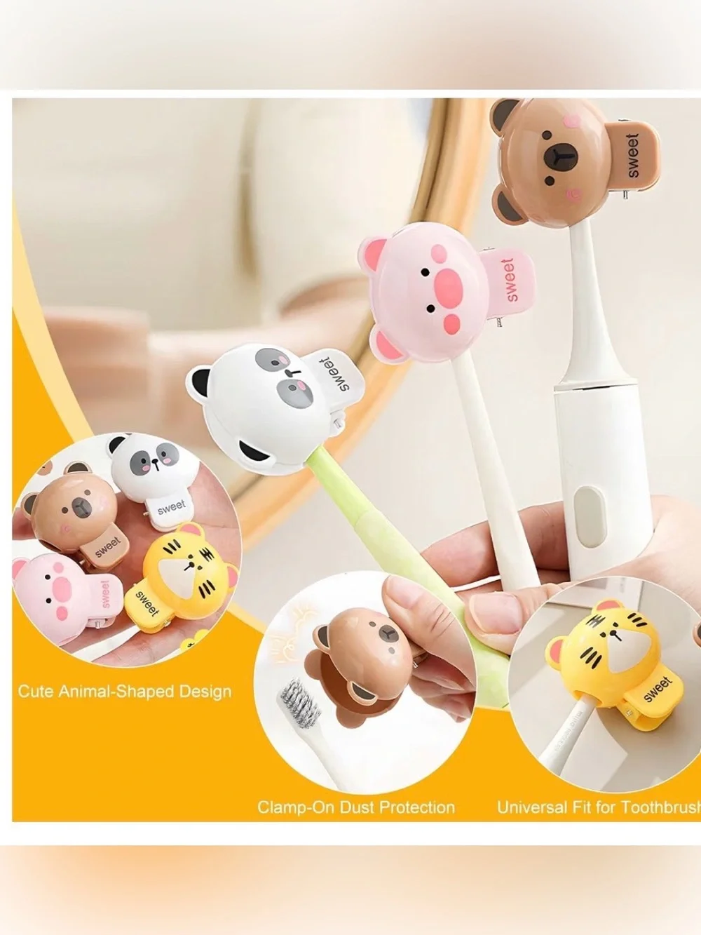 Sweet Animal Toothbrush Head Cover Clip Set Of 4